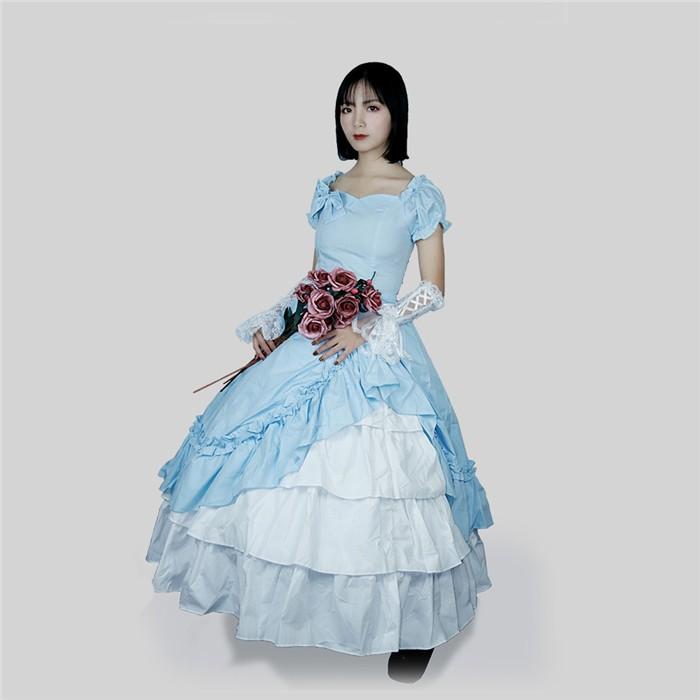 lolita 宮廷 洋装 ビクトリア風 童話 プリンセス ドレス コスプレ ダンス 舞台衣装 綿 半袖 ロングドレス ステージドレス 水色の画像