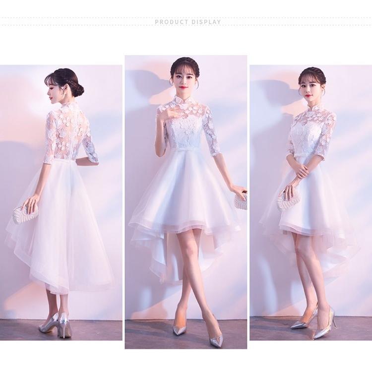 XS/S/M/L/XL/2XL/3XL ブライズメイド ドレス フィッシュテール ハイネック チャイナ襟 ホワイト 袖あり 五分袖 結婚式 花嫁 コンサート_6