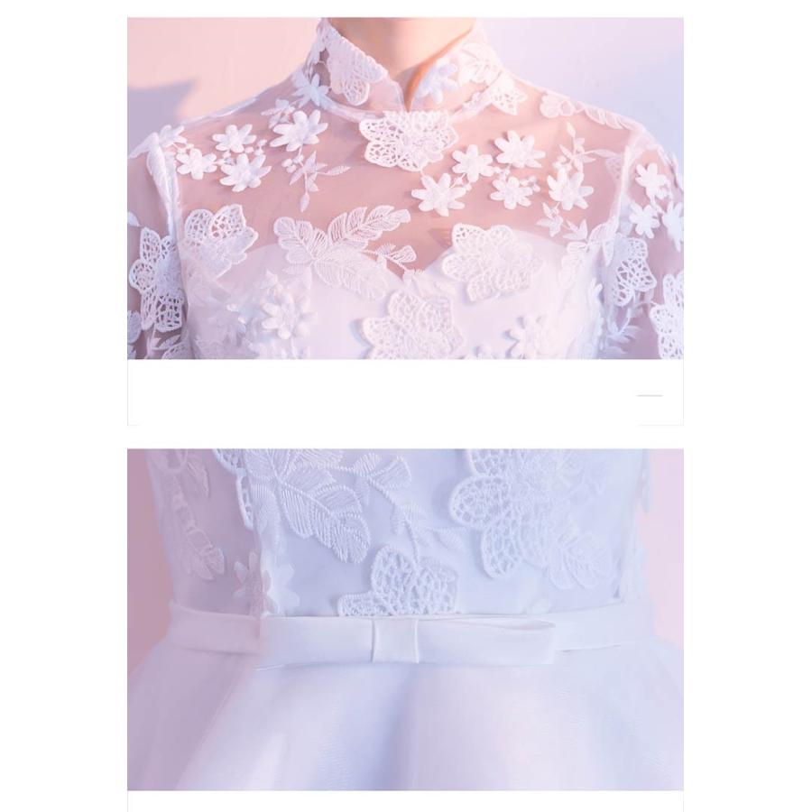 XS/S/M/L/XL/2XL/3XL ブライズメイド ドレス フィッシュテール ハイネック チャイナ襟 ホワイト 袖あり 五分袖 結婚式 花嫁 コンサート_8