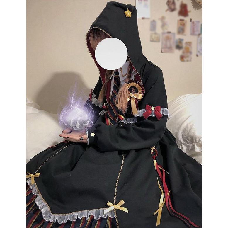ワンピース ロリータ ハロウィン シスター風 膝丈 レディース ゴスロリ ハイウエスト Aライン 暗黒風 ロリィタファッション 長袖 リボン フリル ワンピース ロリータ ハイウエスト 膝丈 学生風 魔法使い レディース