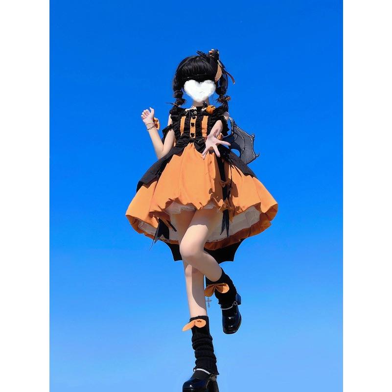 ワンピース ロリータ ハロウィン かぼちゃ魔女風 ビッグリボン ショート丈 ミニ レディース ゴスロリ ハイウエスト Aライン ノースリーブの画像