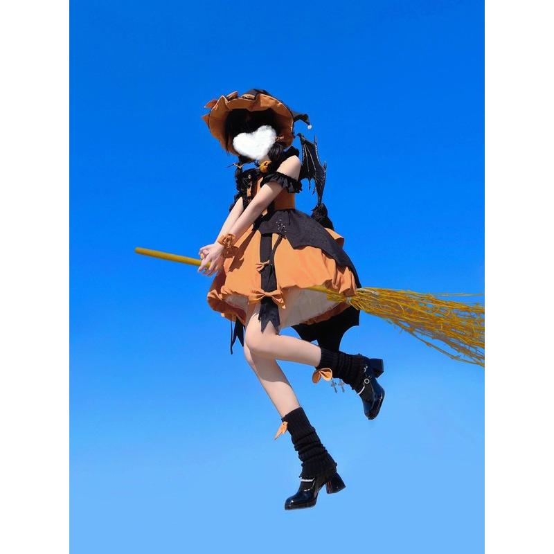 ワンピース ロリータ ハロウィン かぼちゃ魔女風 ビッグリボン ショート丈 ミニ レディース ゴスロリ ハイウエスト Aライン ノースリーブの画像