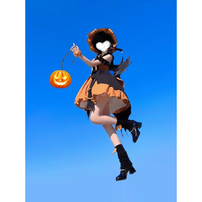ワンピース ロリータ ハロウィン かぼちゃ魔女風 ビッグリボン ショート丈 ミニ レディース ゴスロリ ハイウエスト Aライン ノースリーブの画像