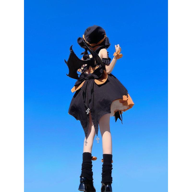 ワンピース ロリータ ハロウィン かぼちゃ魔女風 ビッグリボン ショート丈 ミニ レディース ゴスロリ ハイウエスト Aライン ノースリーブの画像