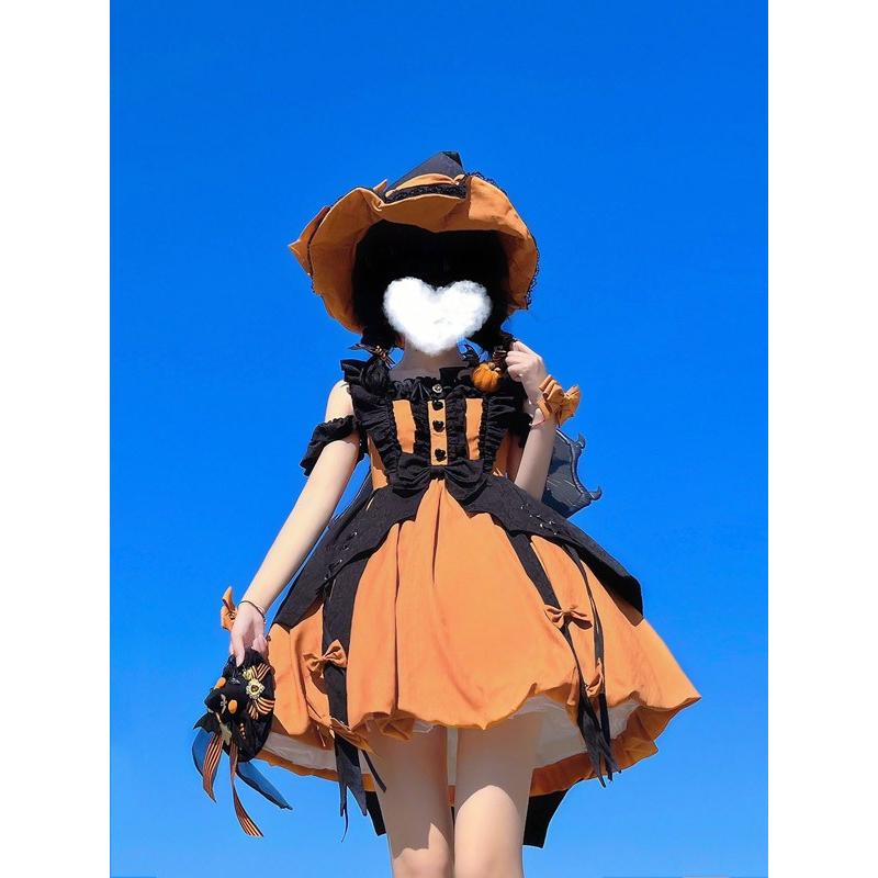 ワンピース ロリータ ハロウィン かぼちゃ魔女風 ビッグリボン ショート丈 ミニ レディース ゴスロリ ハイウエスト Aライン ノースリーブの画像