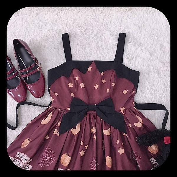 ワンピース ロリータ ハロウィン 魔女風 リボン 膝丈 レディース ゴスロリ Aライン かぼちゃ 吸血鬼 猫 ロリィタファッション ノースリーブの画像