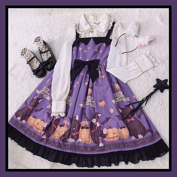 ワンピース ロリータ ハロウィン 魔女風 リボン 膝丈 レディース ゴスロリ Aライン かぼちゃ 吸血鬼 猫 ロリィタファッション ノースリーブの画像