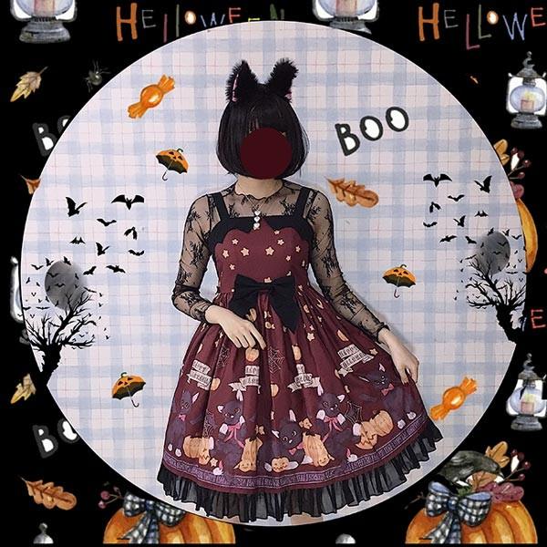 ワンピース ロリータ ハロウィン 魔女風 リボン 膝丈 レディース ゴスロリ Aライン かぼちゃ 吸血鬼 猫 ロリィタファッション ノースリーブの画像