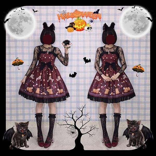 ワンピース ロリータ ハロウィン 魔女風 リボン 膝丈 レディース ゴスロリ Aライン かぼちゃ 吸血鬼 猫 ロリィタファッション ノースリーブの画像