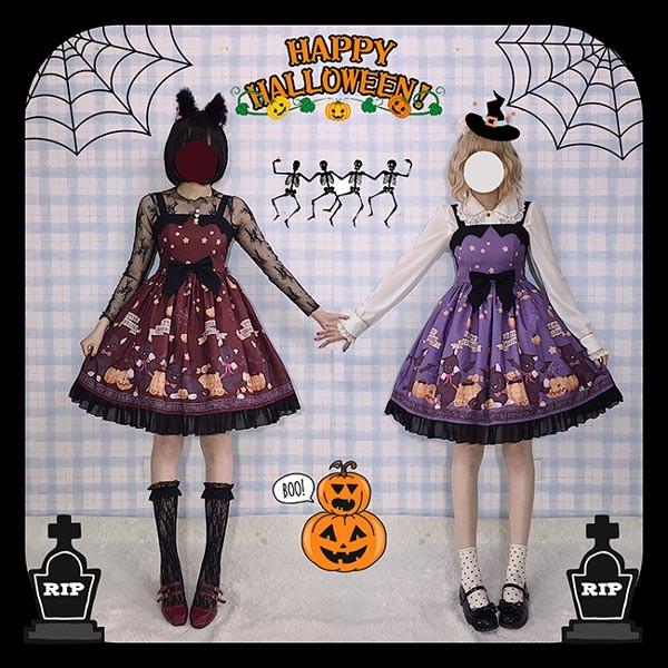 ワンピース ロリータ ハロウィン 魔女風 リボン 膝丈 レディース ゴスロリ Aライン かぼちゃ 吸血鬼 猫 ロリィタファッション ノースリーブの画像