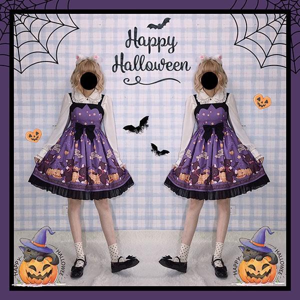 ワンピース ロリータ ハロウィン 魔女風 リボン 膝丈 レディース ゴスロリ Aライン かぼちゃ 吸血鬼 猫 ロリィタファッション ノースリーブの画像