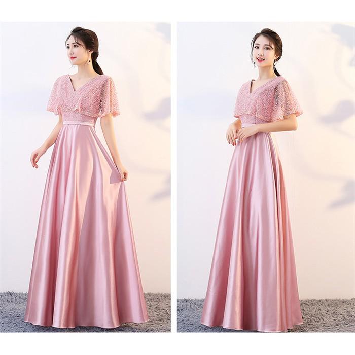 Vネック パーティードレス ブライズメイド 司会者 二次会 花嫁 結婚式 ホテル カラー 制服 合唱団 コーラス レース 5分袖 ドレス ワンピース ロングドレス