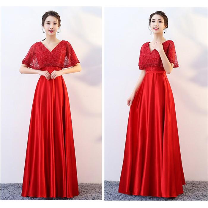 Vネック パーティードレス ブライズメイド 司会者 二次会 花嫁 結婚式 ホテル カラー 制服 合唱団 コーラス レース 5分袖 ドレス ワンピース ロングドレス