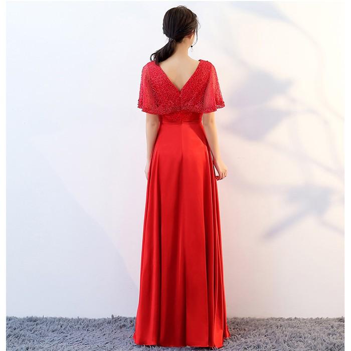 Vネック パーティードレス ブライズメイド 司会者 二次会 花嫁 結婚式 ホテル カラー 制服 合唱団 コーラス レース 5分袖 ドレス ワンピース ロングドレス