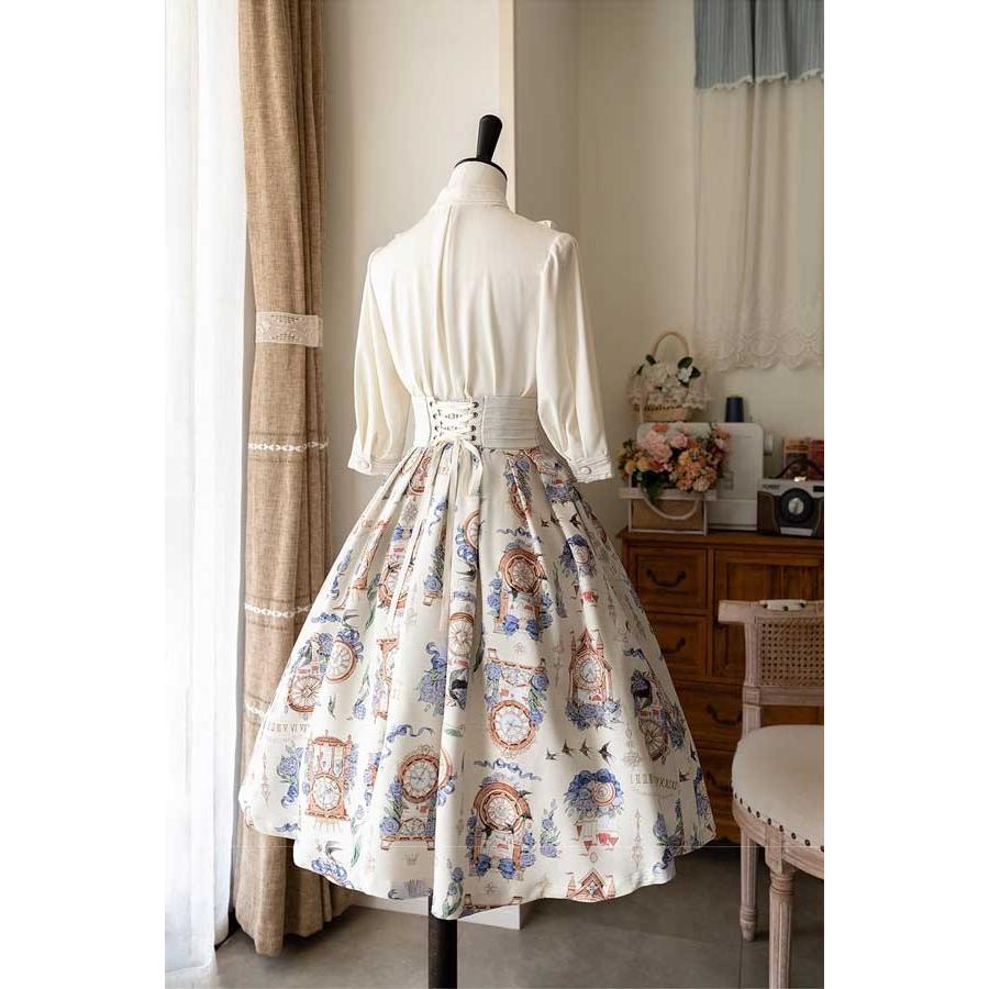 ロリータワンピース 花柄 ジャンパースカート シャツ追加可 トップス ミモレ丈 ジャンスカ レディース ハイウエスト Aライン リボン  五分袖 コスチューム 日常着 お出かけ 可愛い 大人 仮装  文化祭 学園祭 ブラウス パープル オフホワイト ブルー ロリータ スカート 花柄 ジャンパースカート シャツ追加可 トップス