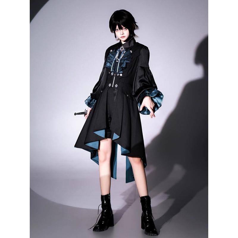 王子風ロリータ 皇子系 少年装 4点セット パンツ 暗黒系 夏 半袖 上品 エレガント 男装 王子装 王子系 リボン ゴスロリ レトロ風 仮装 コスプレ サブカル系