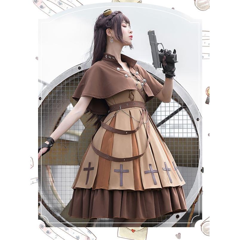 ミニロリ 軍服ロリータ フルセット ワンピース ミリタリーロリィタ 半袖 キャミソール ケープコートブラウン 膝丈 リボン レディース 小柄｜every-store365｜03