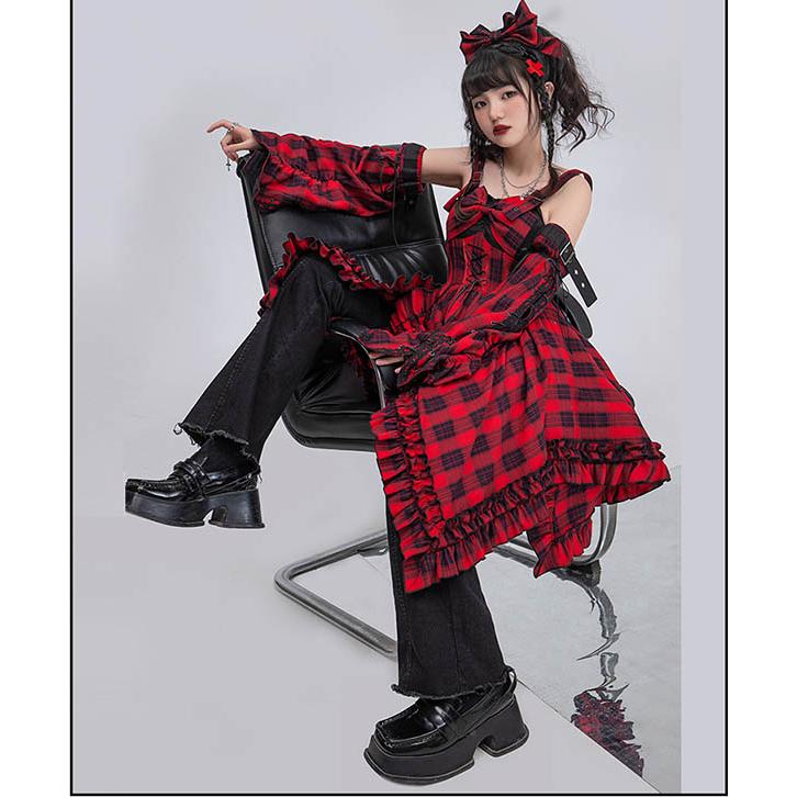 ロリータ ゴシック ゴスロリ ワンピース Aライン Lolita  パフスリーブ レース フリル 半袖 可愛い アイドル衣装 バンド ショート丈の画像