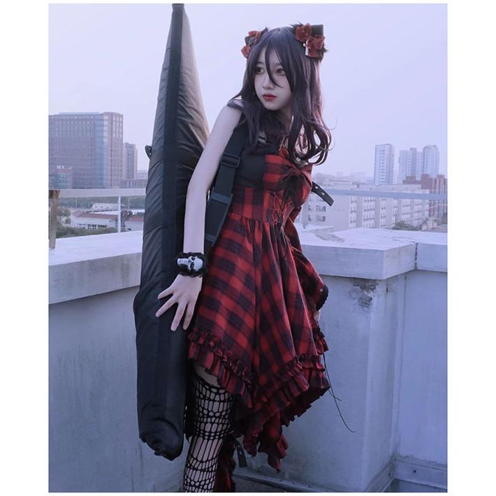 ロリータ ゴシック ゴスロリ ワンピース Aライン Lolita  パフスリーブ レース フリル 半袖 可愛い アイドル衣装 バンド ショート丈の画像
