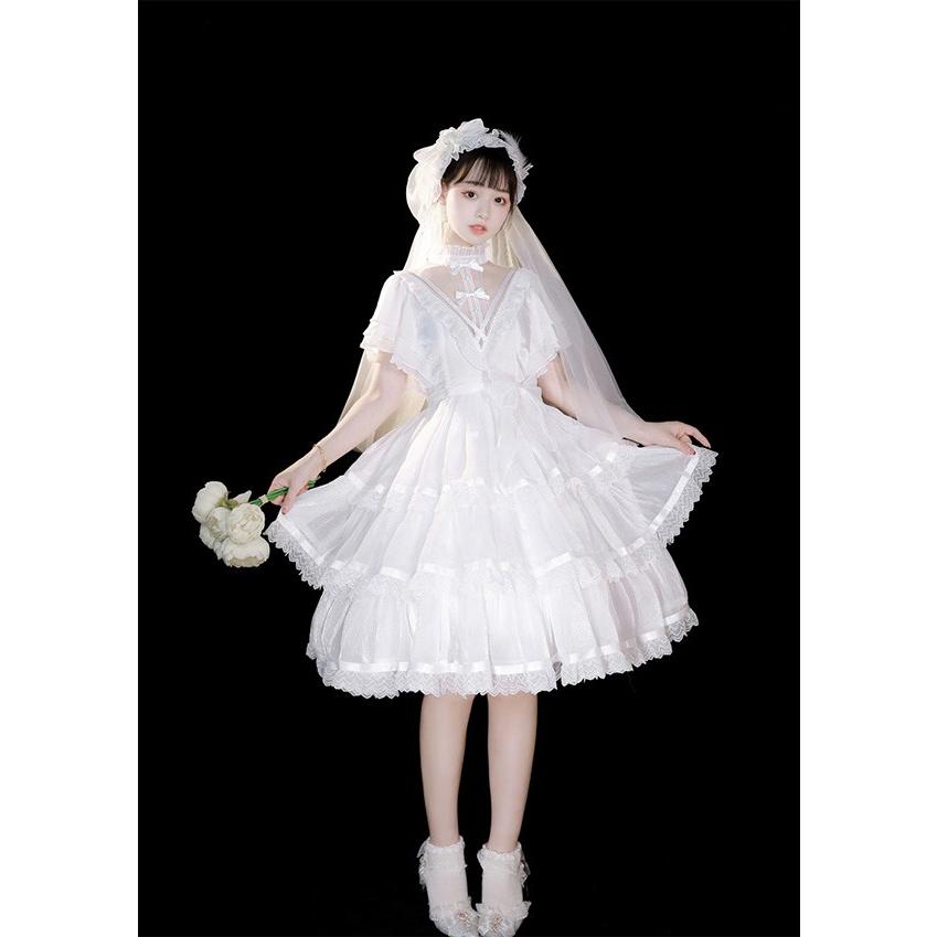 ロリータ ゴスロリ ワンピース Aライン Lolita リボン 透け感有り 膝丈の画像