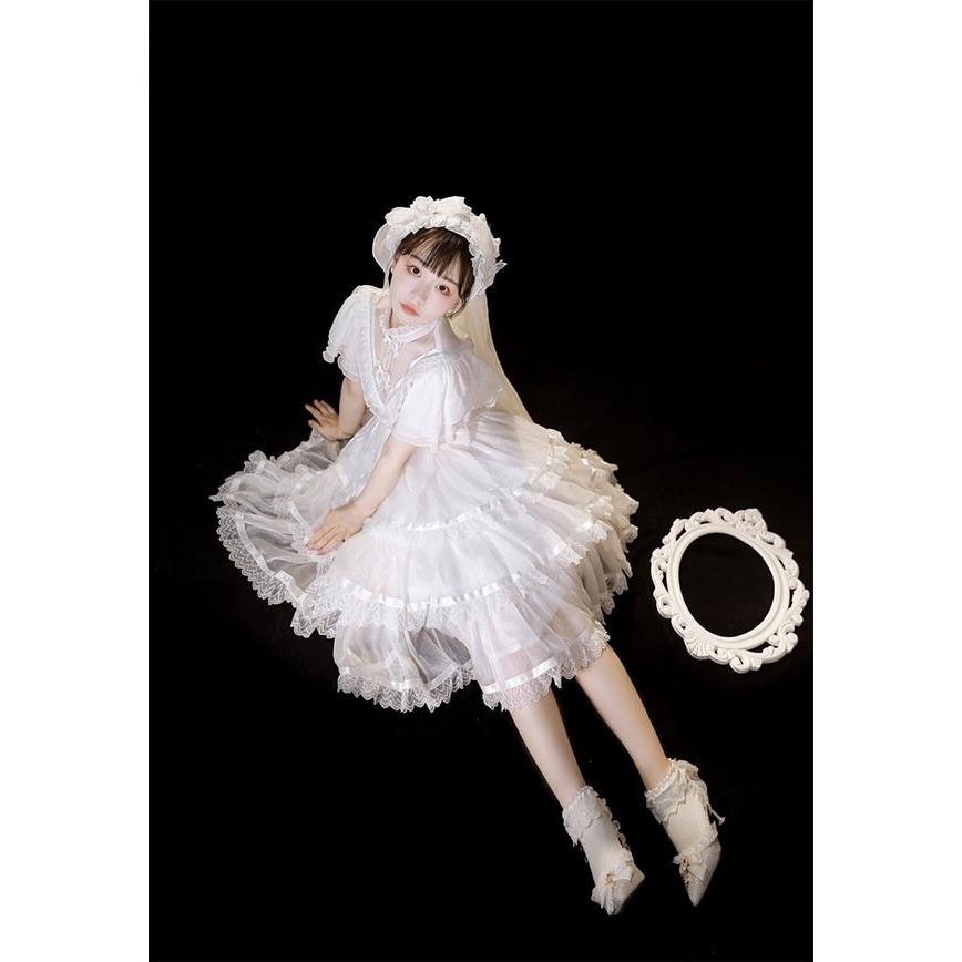 ロリータ ゴスロリ ワンピース Aライン Lolita リボン 透け感有り 膝丈の画像