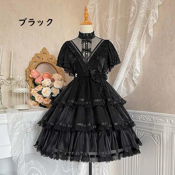 ロリータ ゴスロリ ワンピース Aライン Lolita リボン 透け感有り 膝丈の画像