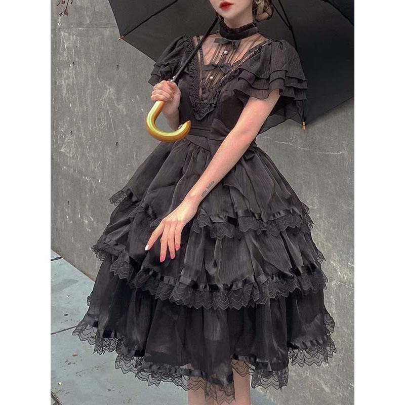 ロリータ ゴスロリ ワンピース Aライン Lolita リボン 透け感有り 膝丈の画像