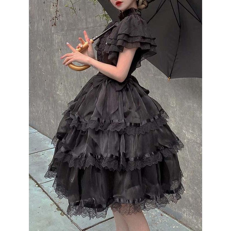 ロリータ ゴスロリ ワンピース Aライン Lolita リボン 透け感有り 膝丈の画像