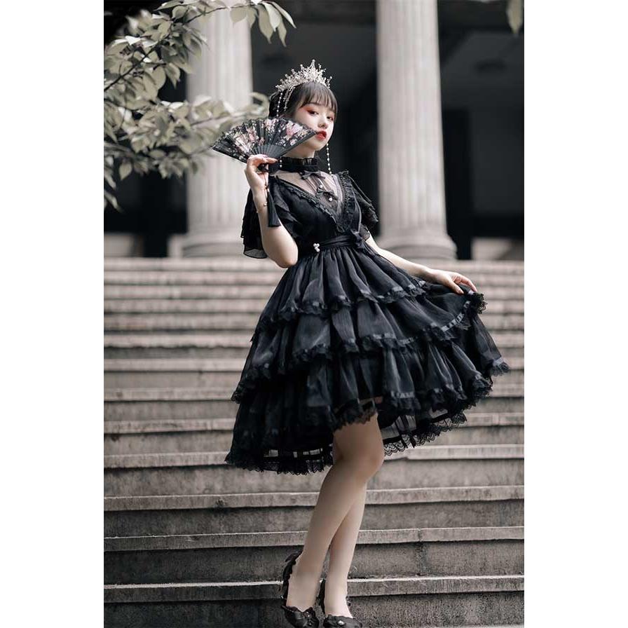 ロリータ ゴスロリ ワンピース Aライン Lolita リボン 透け感有り 膝丈の画像