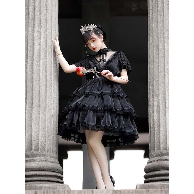 ロリータ ゴスロリ ワンピース Aライン Lolita リボン 透け感有り 膝丈の画像