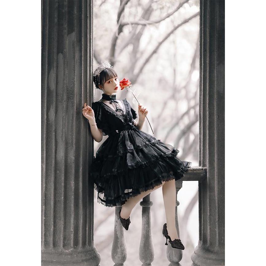 ロリータ ゴスロリ ワンピース Aライン Lolita リボン 透け感有り 膝丈の画像