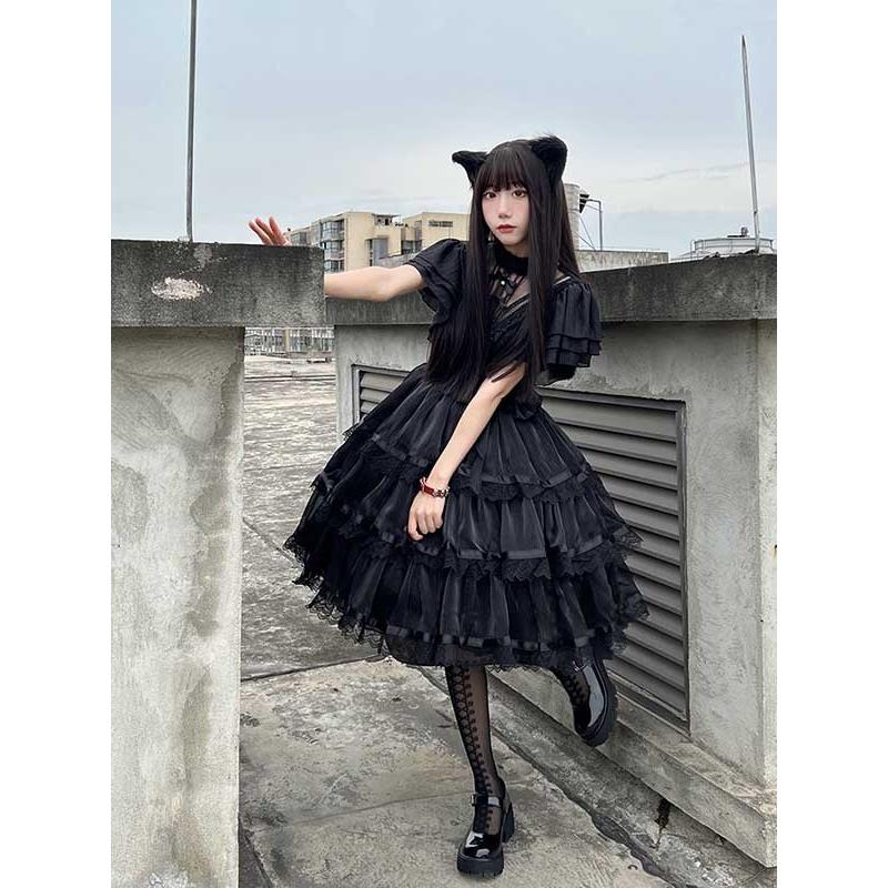 ロリータ ゴスロリ ワンピース Aライン Lolita リボン 透け感有り 膝丈の画像
