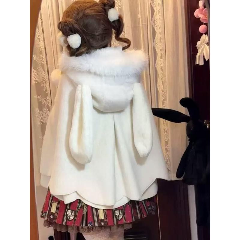 ポンチョコート ロリータ うさ耳フード リボン もこもこ 冬服 ケープ