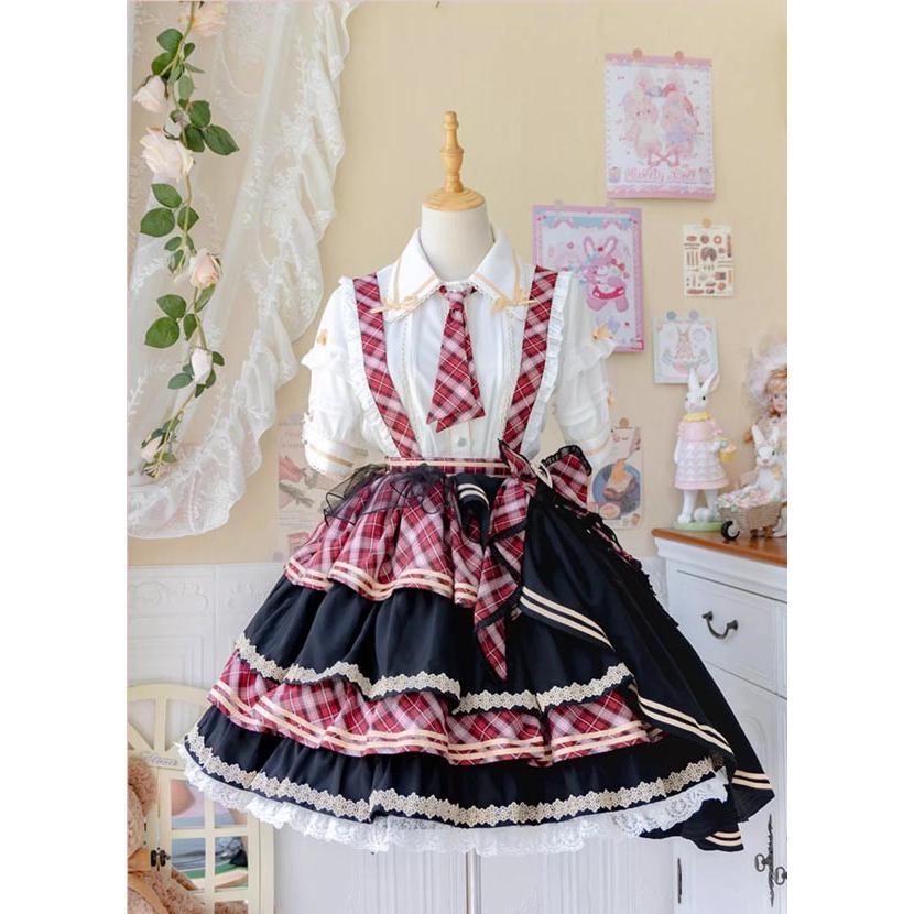 ロリータ サスペンダースカート ティアードスカート チェック柄 セットアップ リボン Aライン Lolita ゆめかわ アイドル衣装 フリル 可愛い 萌え萌え 友達 姉妹