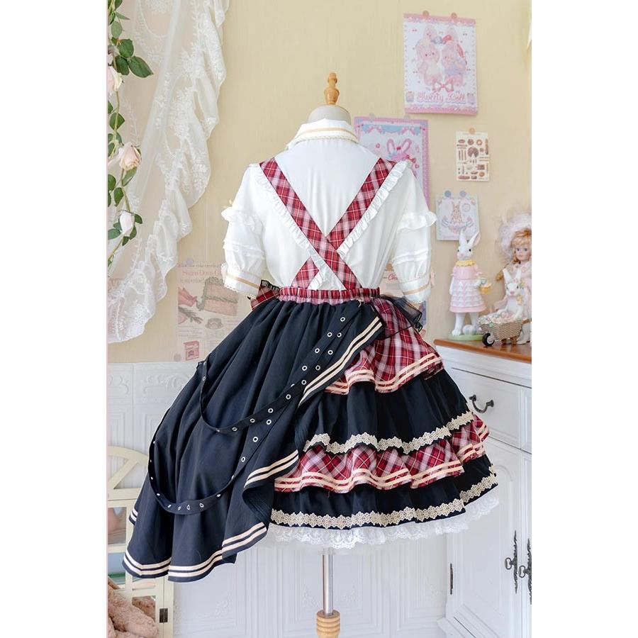 ロリータ サスペンダースカート ティアードスカート チェック柄 セットアップ リボン Aライン Lolita ゆめかわ アイドル衣装 フリル 可愛い 萌え萌え 友達 姉妹