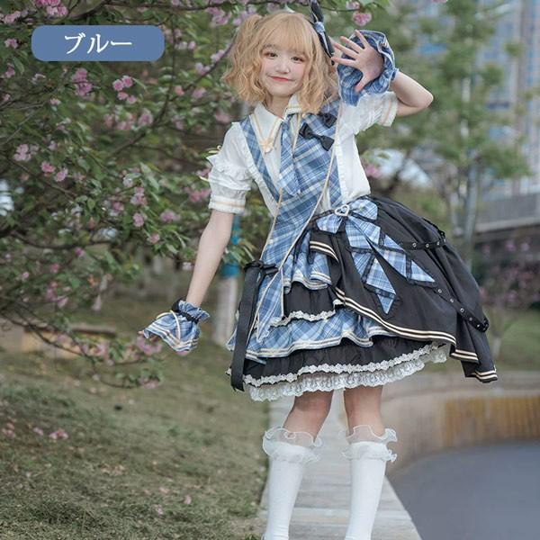 ロリータ サスペンダースカート ティアードスカート チェック柄 セットアップ リボン Aライン Lolita ゆめかわ アイドル衣装 フリル 可愛い 萌え萌え 友達 姉妹