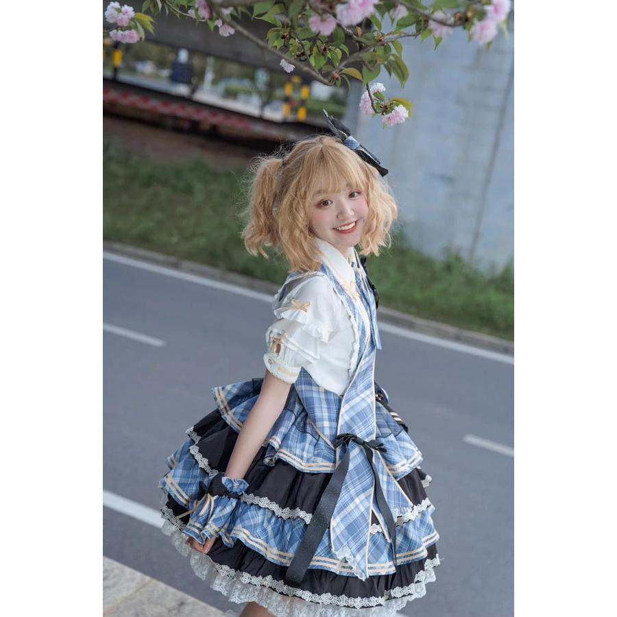 片目狐　チェック　白青黒色ロングスカート　ヴィンテージ　ロリータゆめかわ　y2k Tartan check Lolita 【青】｜東京ロリィタ-TOKYO LOLITA｜ロリータ服