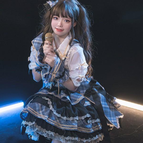ロリータ サスペンダースカート ティアードスカート チェック柄 セットアップ リボン Aライン Lolita ゆめかわ アイドル衣装 フリル 可愛い 萌え萌え 友達 姉妹