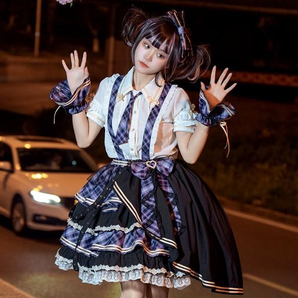 ロリータ サスペンダースカート ティアードスカート チェック柄 セットアップ リボン Aライン Lolita ゆめかわ アイドル衣装 フリル 可愛い 萌え萌え 友達 姉妹