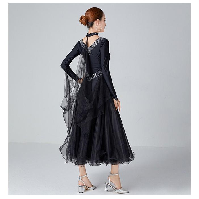 ドレス レディース モダンダンス Vネック ロングスリーブ フレアスカート メッシュ ビジュー 大きいサイズ 競技用 発表会 ステージ衣装_11