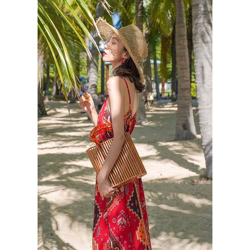 ハワイ リゾートワンピース マキシ丈 選べる丈 背中開け ノースリーブ