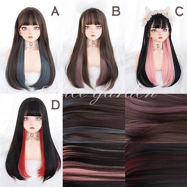 人毛100% 65cmロングストレートウィッグ ハイライトインナーカラー前髪あり ウィッグ フルウィッグ インナーカラー メッシュ ストレート