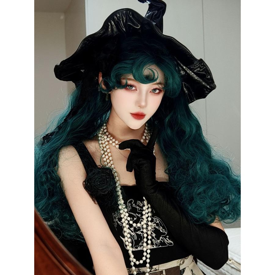 中世の貴族風 巻き毛 グリーン髪 青緑 フルウィッグ かつら 女性 長髪