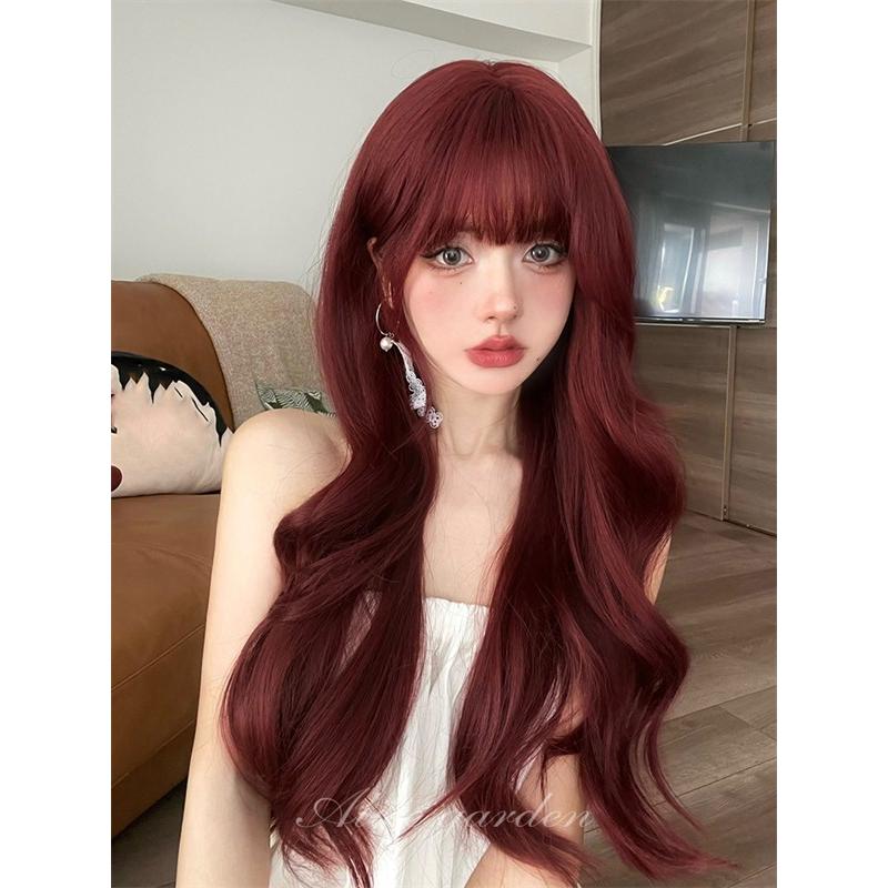 ウィッグ フルウィッグ 赤 赤髪 ワインレッド ロング 巻き髪 ぱっつん