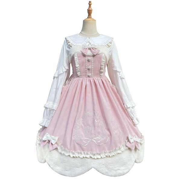 Lolita JSK ロリータ 鹿 刺繍 シャツ マント 秋野鹿鳴 お姫様 プリンセス リボン本 コーデュロイ コットン フェイクファー シアー Aライン_13
