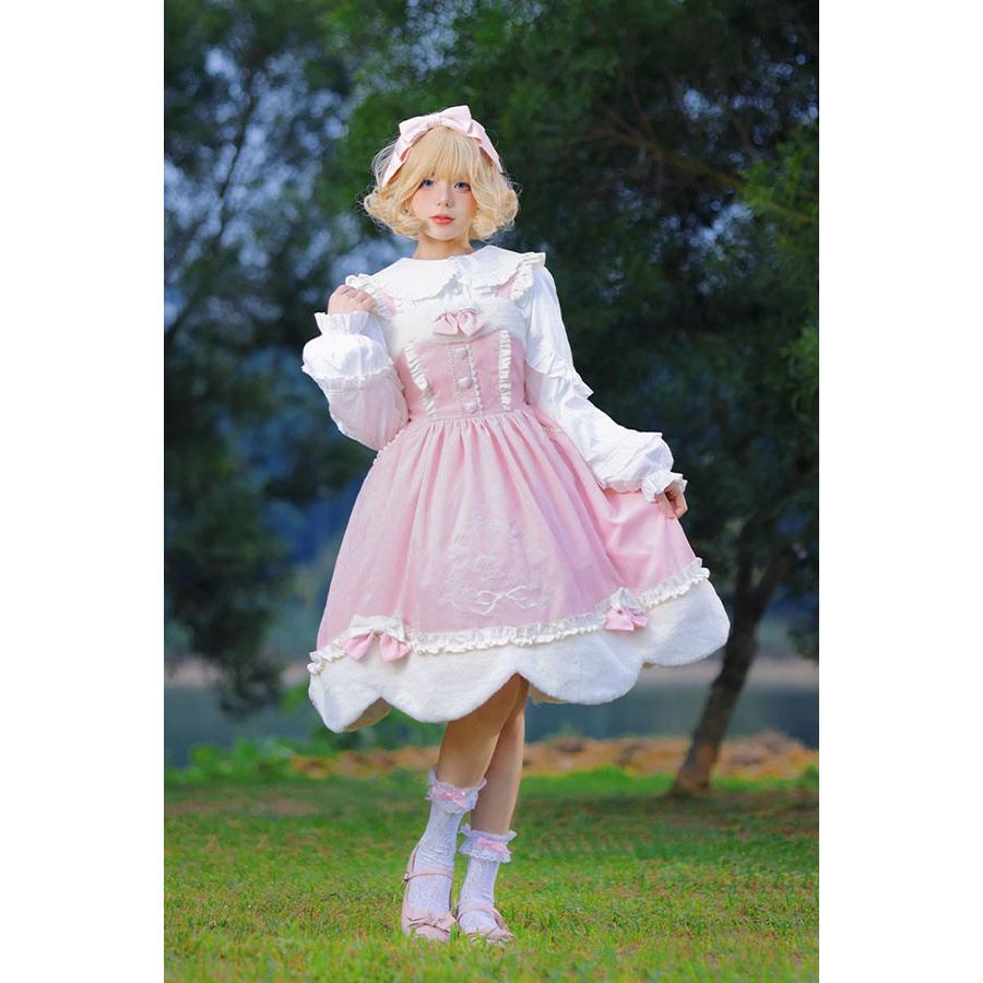 Lolita JSK ロリータ 鹿 刺繍 シャツ マント 秋野鹿鳴 お姫様 プリンセス リボン本 コーデュロイ コットン フェイクファー シアー Aライン_7