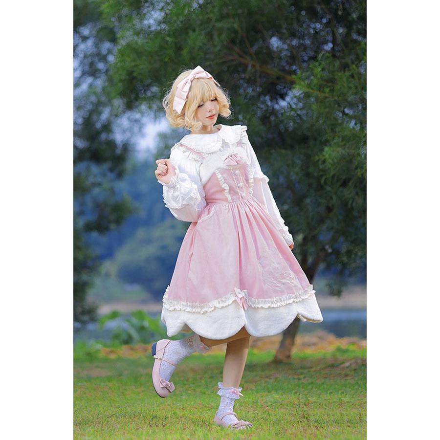 Lolita JSK ロリータ 鹿 刺繍 シャツ マント 秋野鹿鳴 お姫様 プリンセス リボン本 コーデュロイ コットン フェイクファー シアー Aライン_8