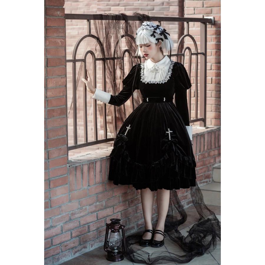 ワンピース ロリータ ハロウィン シスター風 ミモレ丈 レース レディース 長袖 ゴスロリ 秋冬 Aライン 暗黒風 プリンセス風 お姫様 ロリィタファッション フリルの画像