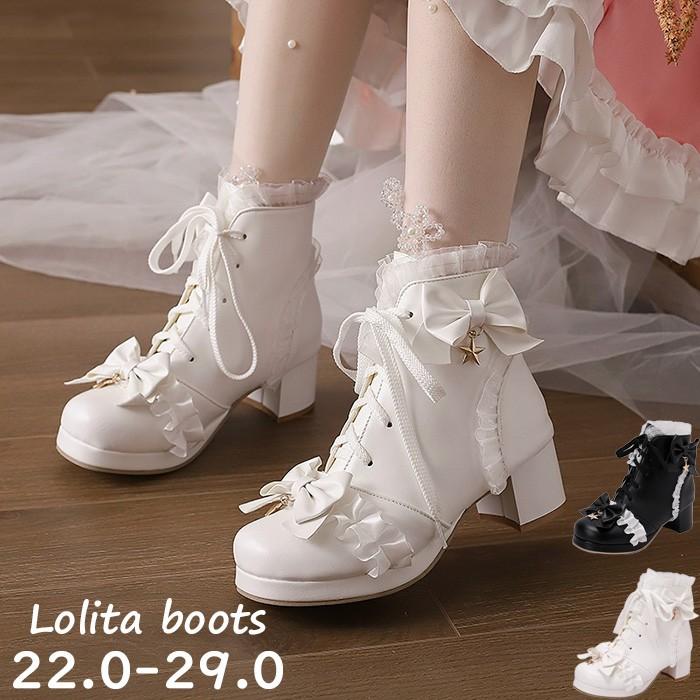 ロリィタシューズ　ホワイト　丸いつま先　カジュアル　PU　特殊な形のヒール　リボン柄 ロリータ靴 シューズ ブーツ 甘ロリ ロリィタブーツ リボン ショート