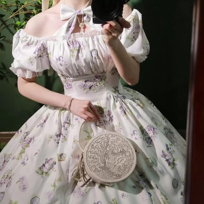 アンティーク　ヴィンテージ　花柄 フリル襟 パフスリーブ半袖 ロングワンピース ロリータ ワンピース レディース 花柄 半袖 パフスリーブ フレア